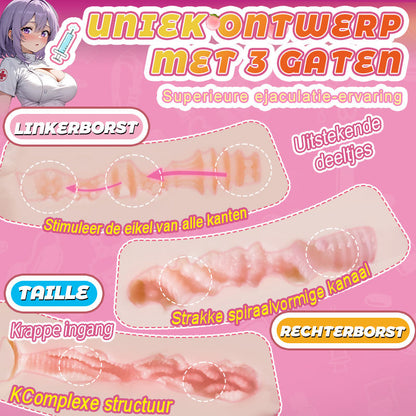 Verpleegster Clara – 3 natte tunnels + bloemblaadjesvormige tepels, privékliniek voor grote borsten