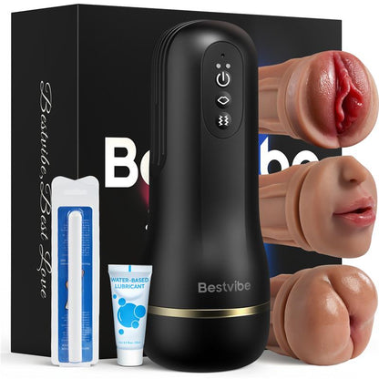 【$10 Korting – Slechts 3 Dagen!】Bestvibe Pro – 3 Verwisselbare Hulzen, Drie Unieke Ervaringen, Automatische Masturbator voor Mannen met 5 Zuigstanden & 10 Vibratiestanden