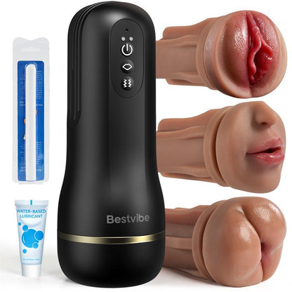 【$10 Korting – Slechts 3 Dagen!】Bestvibe Pro – 3 Verwisselbare Hulzen, Drie Unieke Ervaringen, Automatische Masturbator voor Mannen met 5 Zuigstanden & 10 Vibratiestanden