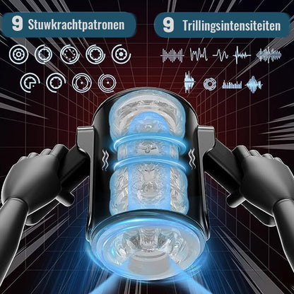 Automatische masturbator voor mannen met twee handgrepen en stretch vibraties met 9 frequenties