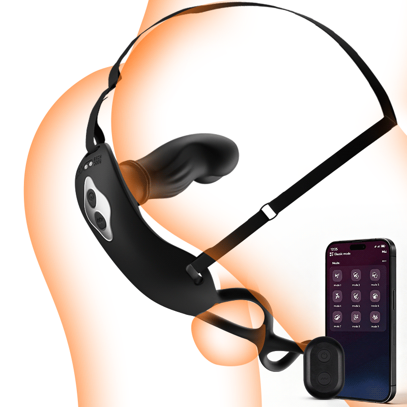 Hugo - Draagbare prostaatstimulator met stuwbewegingen, riemen en dubbele bediening via app en afstandsbediening