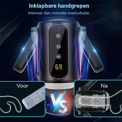 Automatische masturbator voor mannen met twee handgrepen en stretch vibraties met 9 frequenties