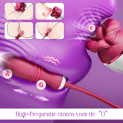 Elowen - Grote mond met tonglikken voor stimulatie van clitoris en tepels, stotende vibrator voor de G-spot.